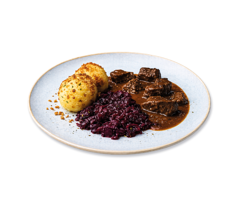 Rotweingulasch m. Rotkohl, Klöße 505g