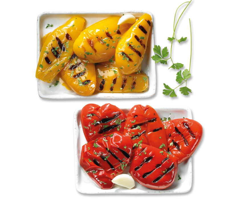Gegrillte Paprikafilets rot und gelb